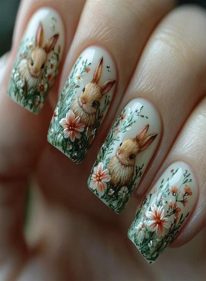 HJKDSFD Easter Cute Rabbit Press on Nails Square Short Fake Nails 3D Embossed False Nails with Flower Bunny Designs Reusable Full Cover Glue on Nail Easter Acrylic Nails Kit for Women Girls 24Pcs - Image 1